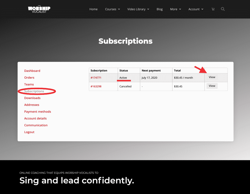 Locate your active subscription in the Subscriptions menu