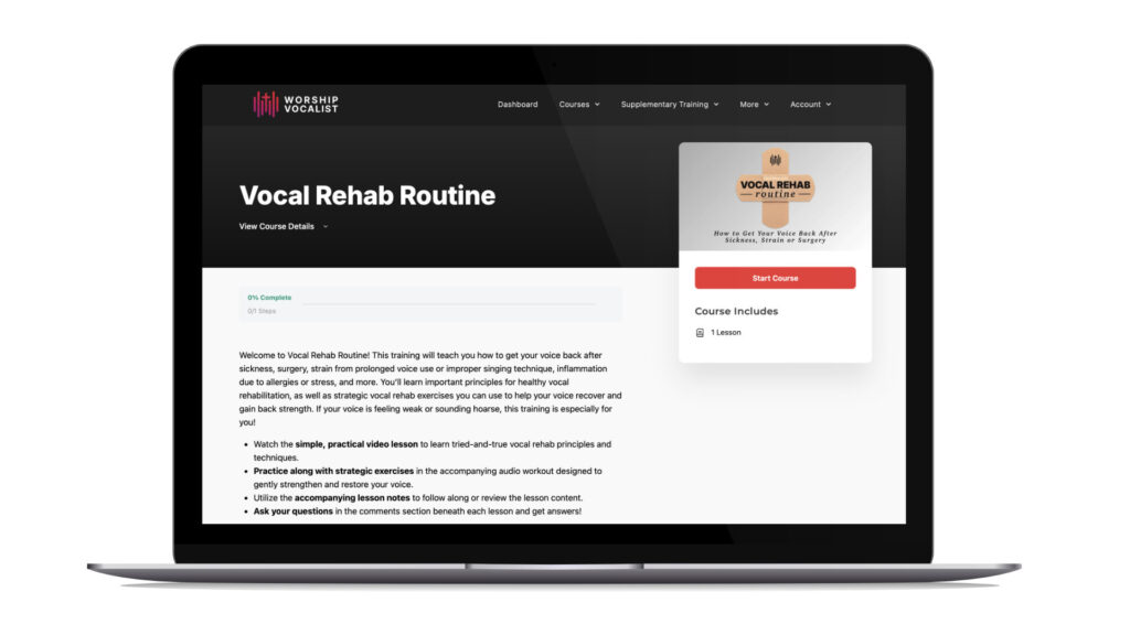 Laptop showing the Vocal Rehab Routine course website